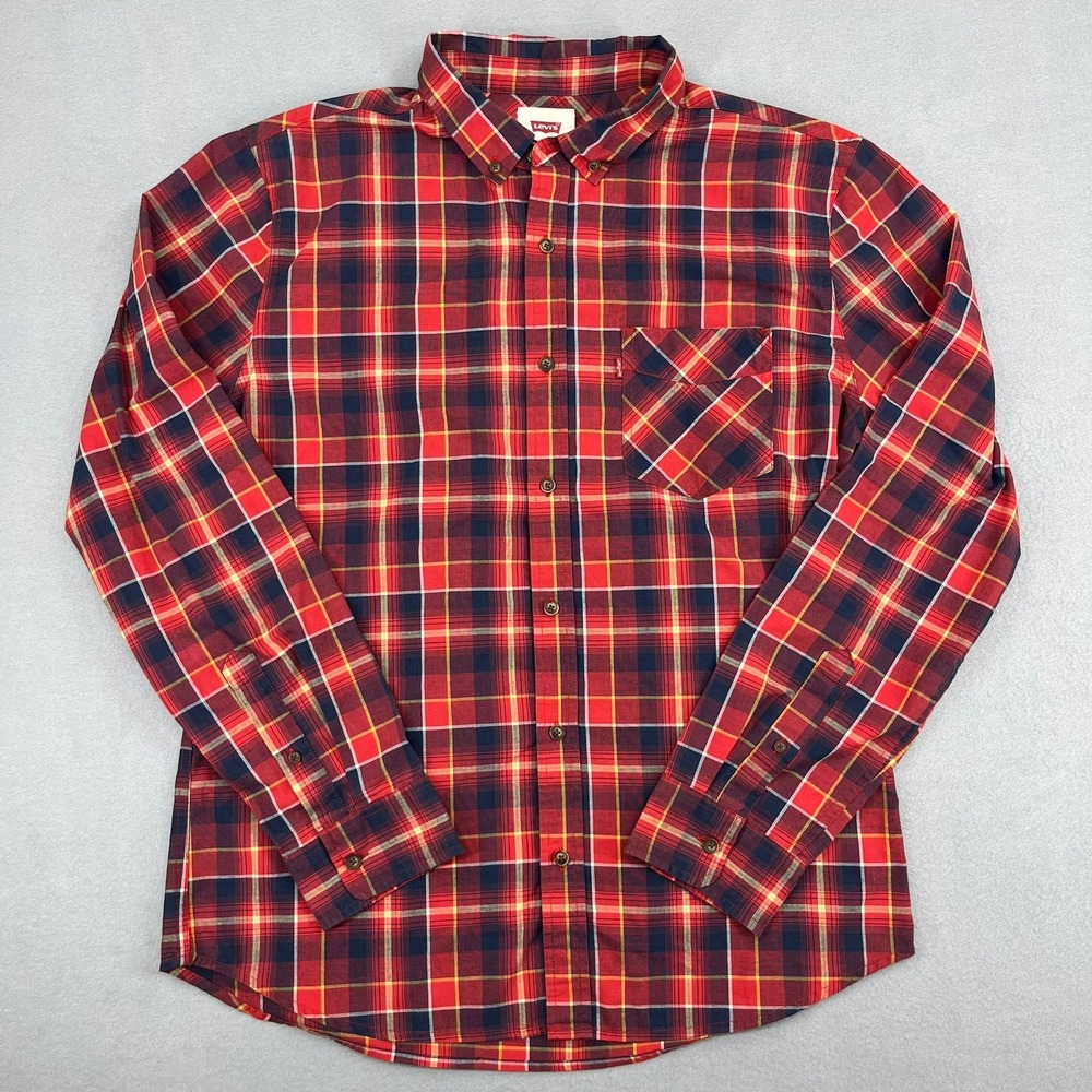 Levis Mens Plaid Button‎ Down Shirt Red Navy Blue Yellow Large